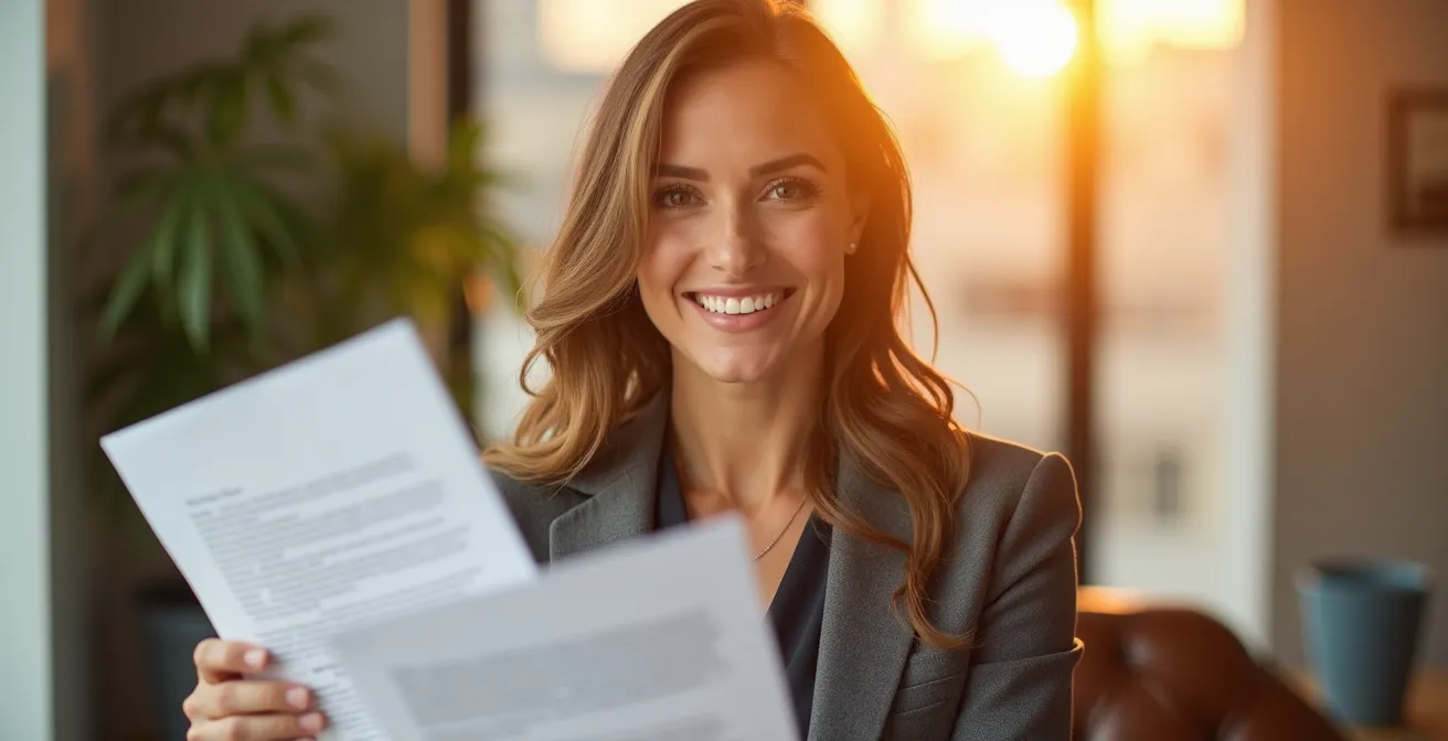 Portrait professionnel d'une agente immobilière souriante tenant des documents de propriété, incarnant l'expertise et la confiance