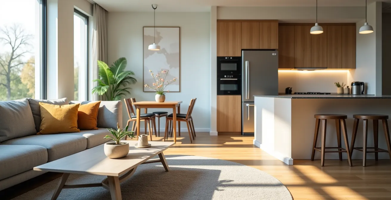 Appartement lumineux meublé avec espace de vie moderne prêt pour un long séjour