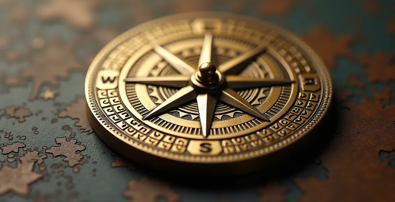 Gros plan macro d'une boussole gravée avec motifs géométriques fins, représentant la guidance stratégique et l'expertise locale