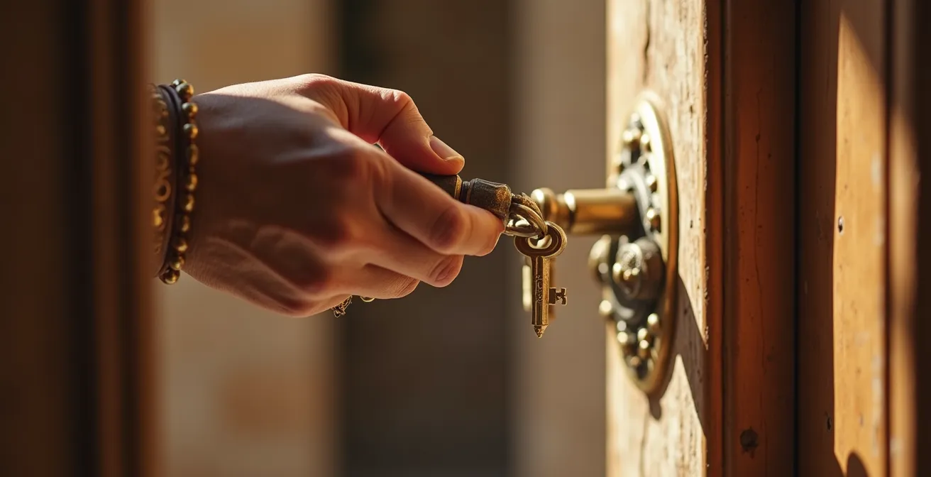 Une main tenant une clé vintage en laiton face à une porte d'entrée en bois massif avec serrure ornementale, mettant en avant l'exclusivité et l'accès privilégié