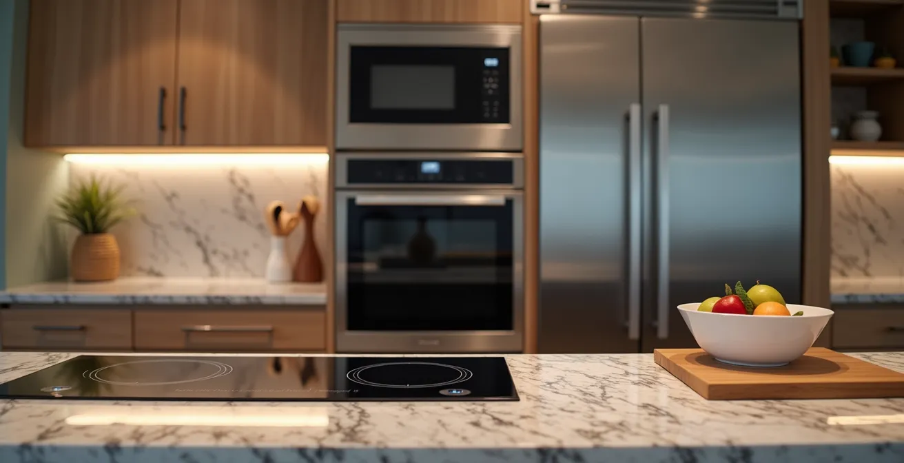 Cuisine moderne entièrement équipée avec plan de travail et électroménager pour location longue durée