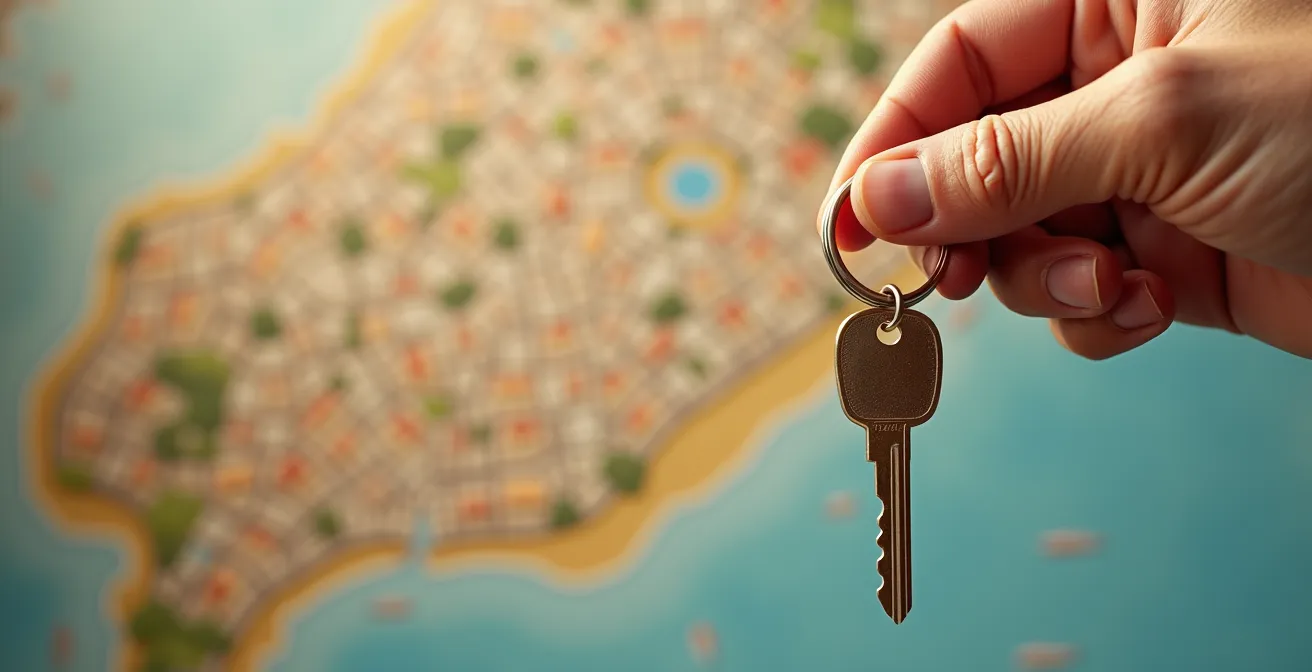 Illustration conceptuelle représentant une main tenant un porte-clés d'appartement avec en arrière-plan une carte de la Costa Brava