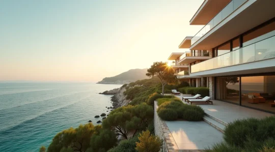 Vue panoramique d'un appartement moderne en bord de mer sur la Costa Brava avec plage et lumière dorée de coucher de soleil