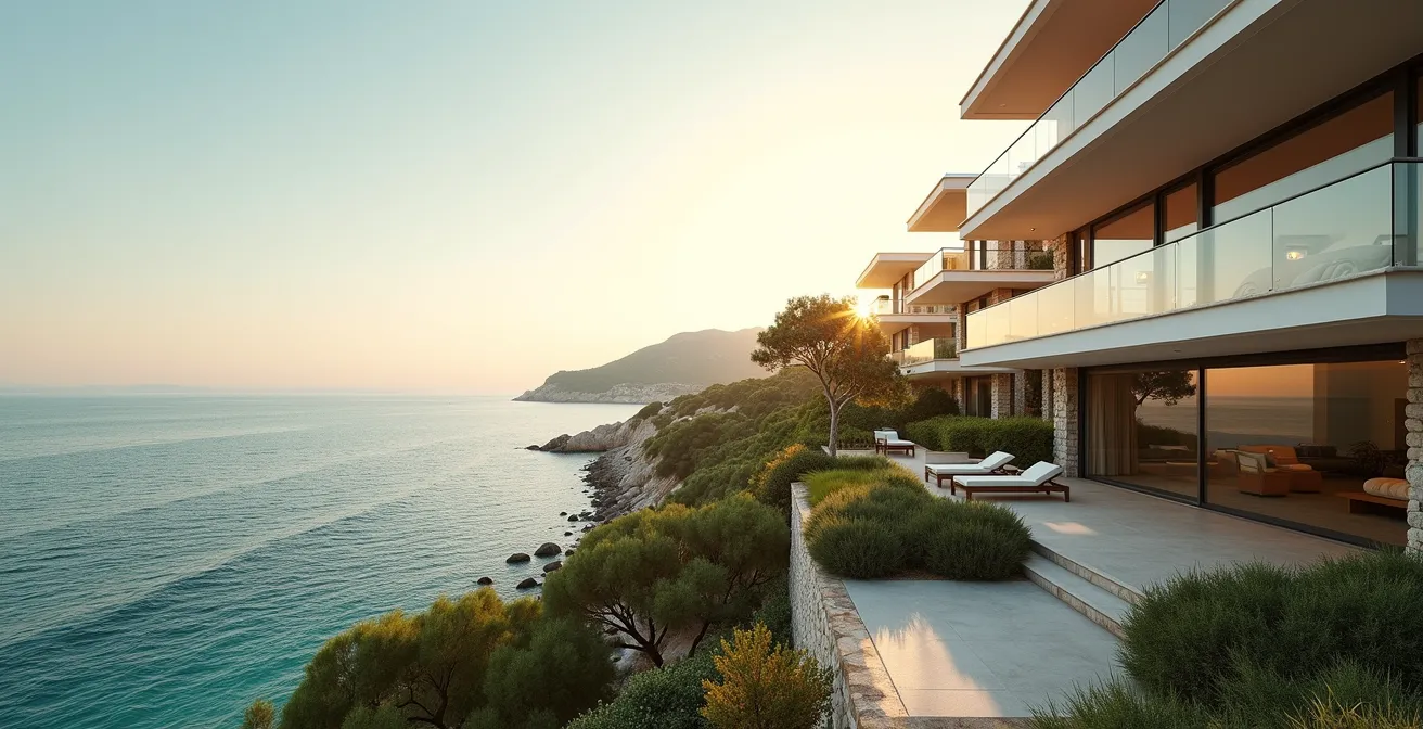 Vue panoramique d'un appartement moderne en bord de mer sur la Costa Brava avec plage et lumière dorée de coucher de soleil