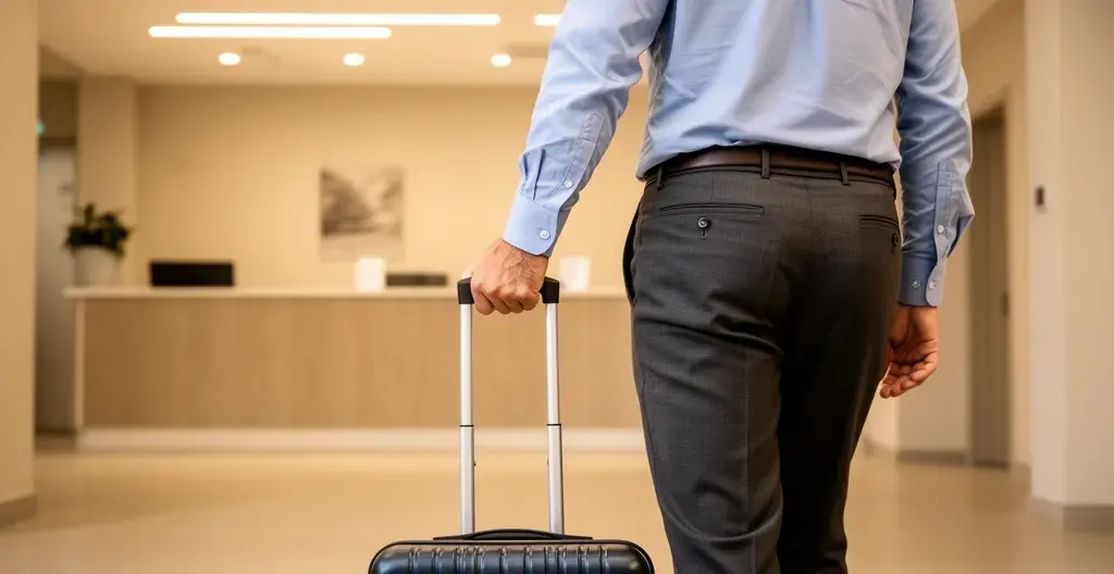 Professionnel arrivant avec valise dans hall de résidence appart-hôtel