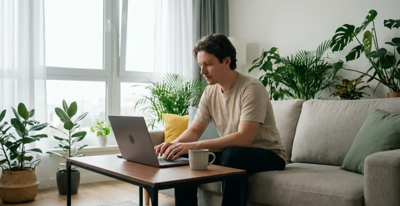 Personne travaillant sur ordinateur dans salon appart-hôtel lumineux