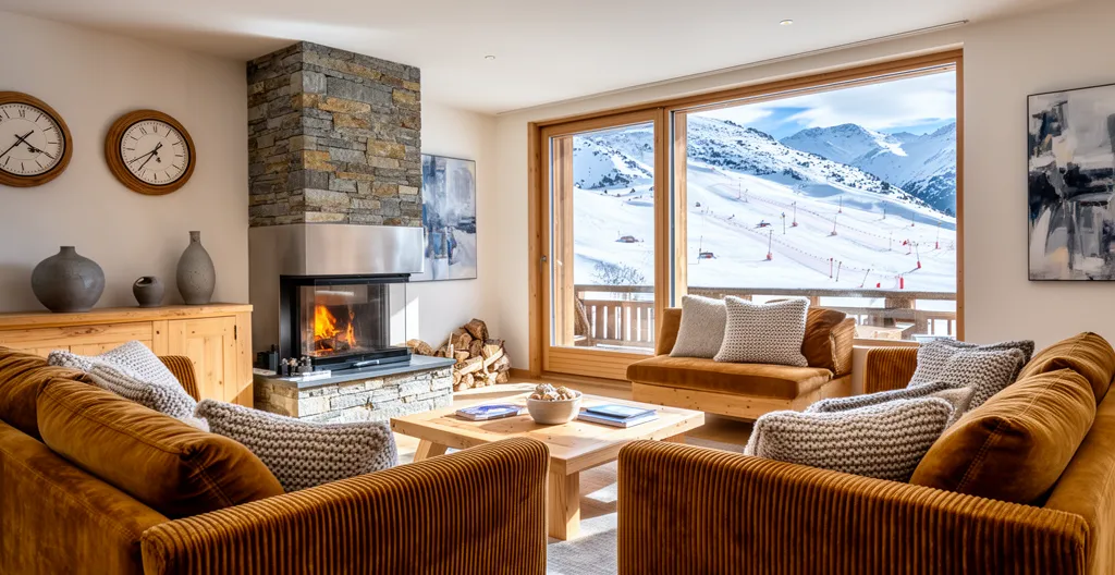 Intérieur appartement de standing Courchevel avec vue panoramique sur pistes de ski