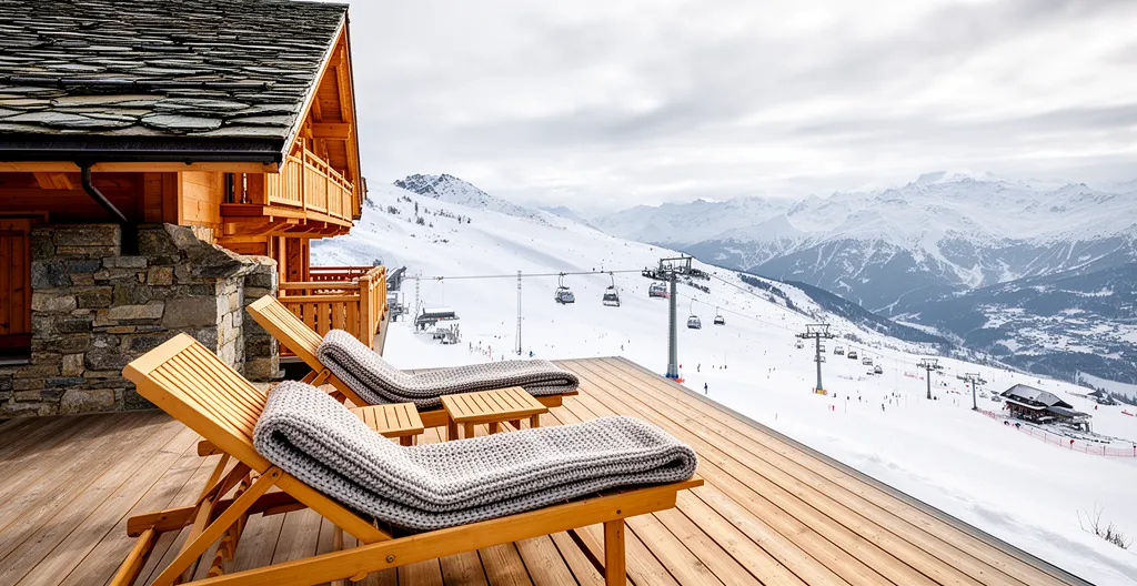 Terrasse chalet Courchevel avec vue panoramique sur domaine skiable des 3 Vallées