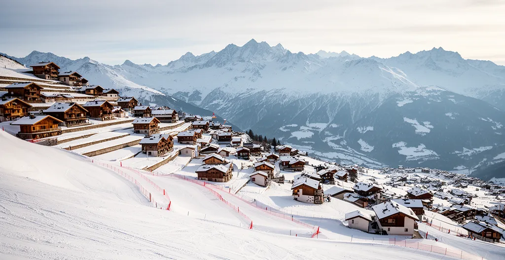 Vue panoramique des villages de Courchevel étagés sur la montagne enneigée pour investissement immobilier