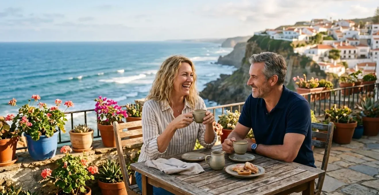 Couple de propriétaires consultant leurs revenus locatifs sur une terrasse ensoleillée, détendus et souriants