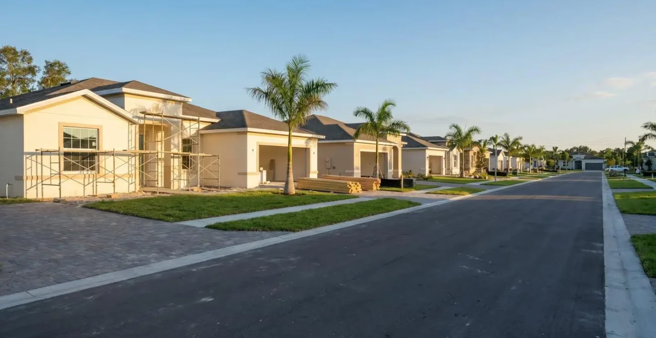 Vue d'un quartier résidentiel en construction en Florida centrale avec des maisons neuves et des rues arborées