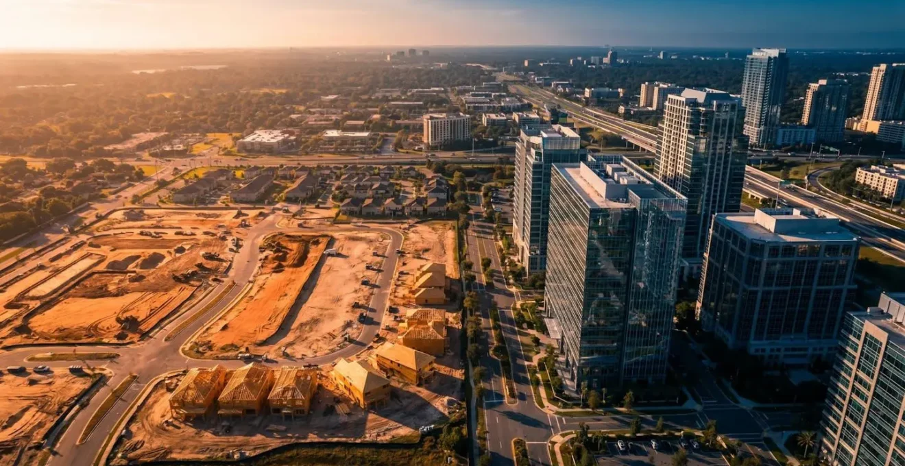 Vue aerienne d'Orlando montrant le Developpement Immobilier en premiere ligne, avec le skyline de la ville en arrière-plan