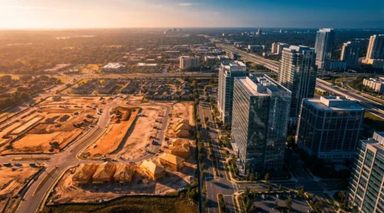 Vue aerienne d'Orlando montrant le Developpement Immobilier en premiere ligne, avec le skyline de la ville en arrière-plan