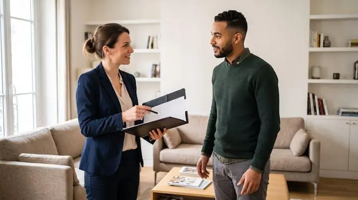 Agent immobilière et candidat locataire en discussion professionnelle lors d'une visite d'appartement contemporain, échange courtois et attentif illustrant l'importance des signaux comportementaux dans le processus de sélection