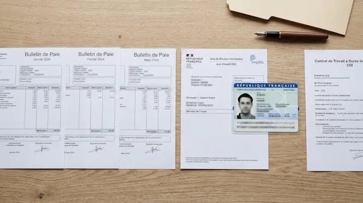 Documents justificatifs d'un dossier de location disposés sur une table : bulletins de salaire français, avis d'imposition, carte d'identité, contrat de travail, organisés de façon claire et professionnelle