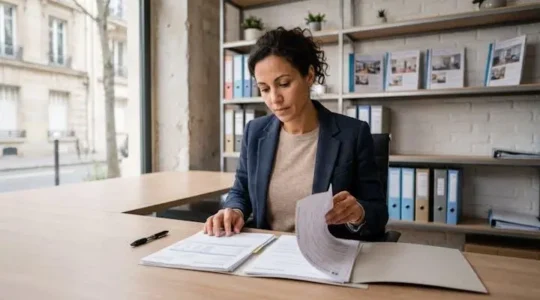 Gestionnaire d'agence immobilière examinant un dossier de candidature locataire ouvert sur son bureau, avec documents administratifs français visibles (bulletins de salaire, avis d'imposition), dans un bureau d'agence contemporain avec vitrine sur rue