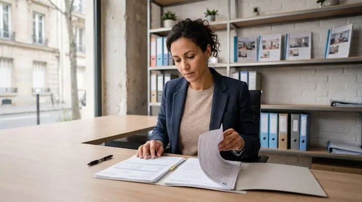 Gestionnaire d'agence immobilière examinant un dossier de candidature locataire ouvert sur son bureau, avec documents administratifs français visibles (bulletins de salaire, avis d'imposition), dans un bureau d'agence contemporain avec vitrine sur rue