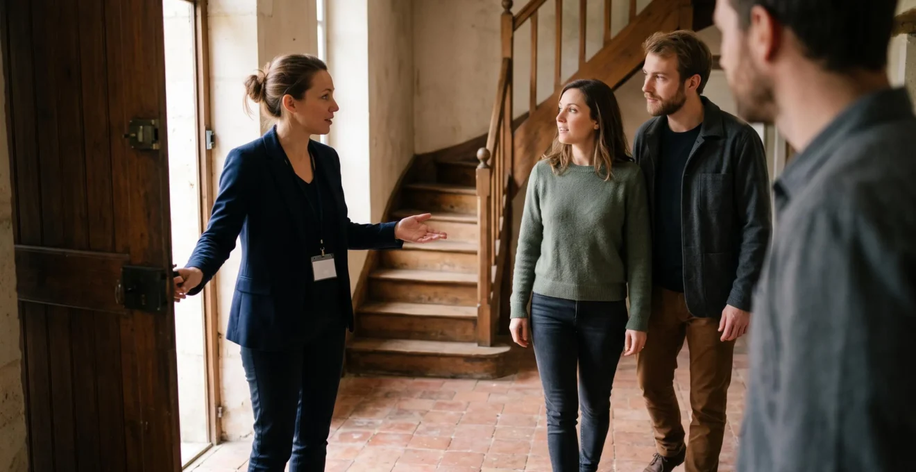 Un agent immobilier fait visiter une maison ancienne à un couple dans un hall avec escalier en bois.