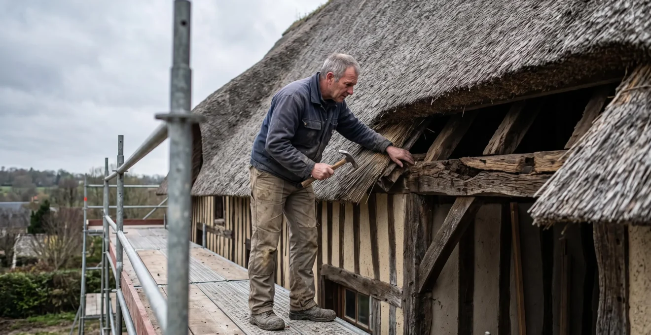Un artisan sur un échafaudage inspecte la charpente et le chaume d'une maison normande ancienne.