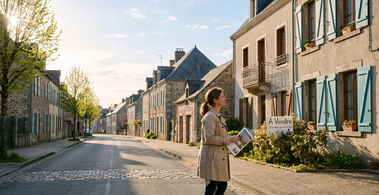 Une femme observe une maison à vendre avec un panneau dans une rue résidentielle d'une ville de province française.