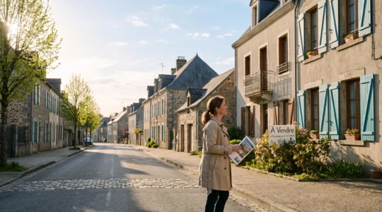 Une femme observe une maison à vendre avec un panneau dans une rue résidentielle d'une ville de province française.