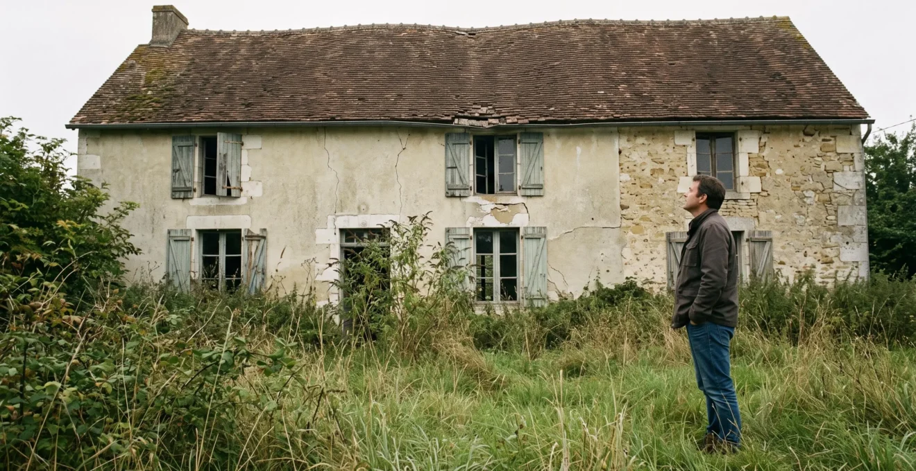 Un homme examine de l'extérieur la façade fissurée et la toiture d'une maison ancienne à la campagne.