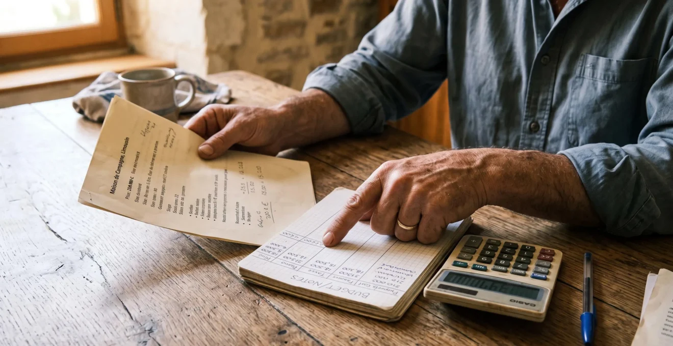 Des mains comparent une annonce immobilière papier avec des calculs de budget notés dans un carnet.