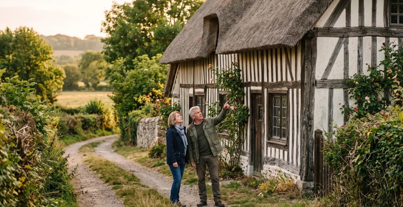Un couple examine la façade à colombages et le toit de chaume d'une maison normande à vendre à Pont-Audemer.