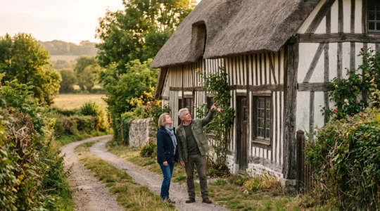Un couple examine la façade à colombages et le toit de chaume d'une maison normande à vendre à Pont-Audemer.