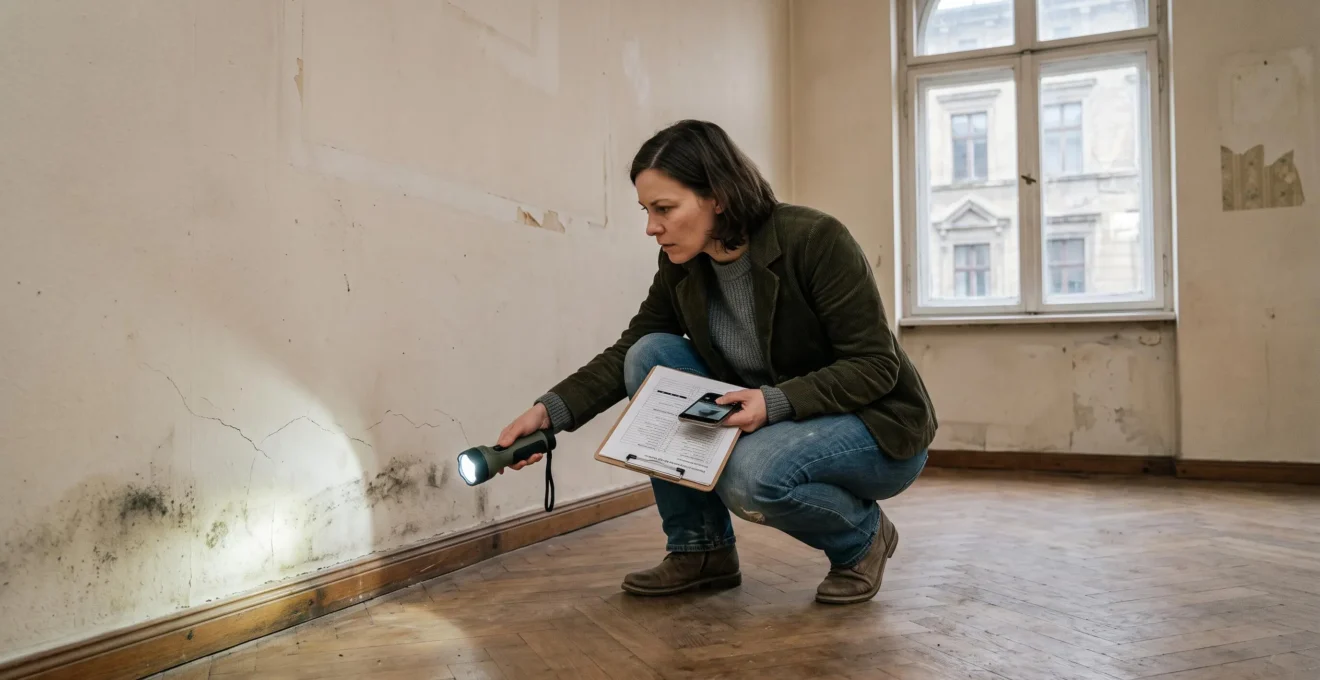 Un acheteur examine avec une lampe de poche les taches d'humidité et fissures au bas d'un mur pendant une visite immobilière.
