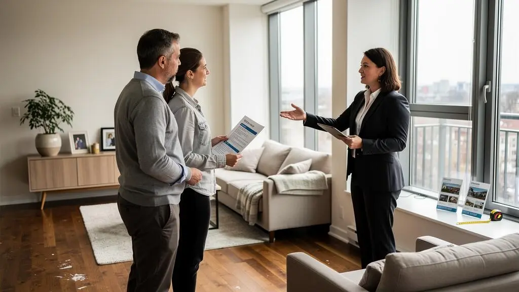 Un agent immobilier présente un appartement lumineux à un couple de propriétaires venant d'une visite de vente.