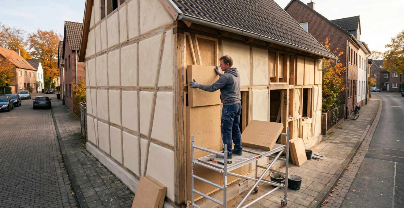 Un artisan fixe des panneaux d'isolation en fibre de bois sur la façade en cours de rénovation d'une maison individuellle.