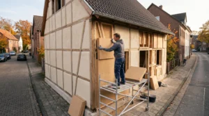 Un artisan fixe des panneaux d'isolation en fibre de bois sur la façade en cours de rénovation d'une maison individuellle.