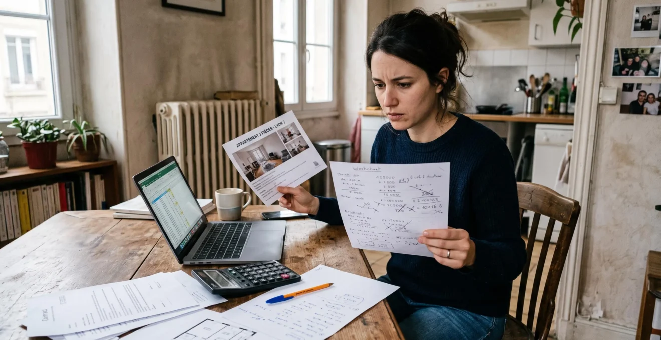 Une future propriétaire bailleur compare une annonce immobilière imprimée et sa feuille de calcul de rentabilité locative à sa table de cuisine, calculatrice et ordinateur portable à portée de main.