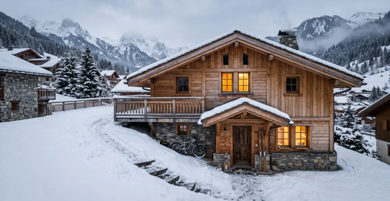 Chalet en bois en montagne sous la neige avec certaines fenêtres éclairées et un chemin déneigé jusqu'à l'entrée.