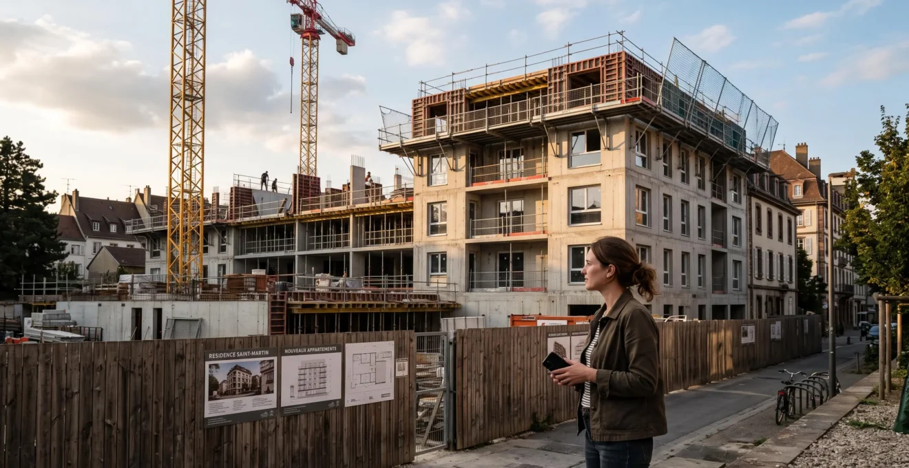 Une femme observe un chantier de résidence en cours de construction derrière une palissade, illustrant l'actif immobilier sous-jacent du financement participatif.