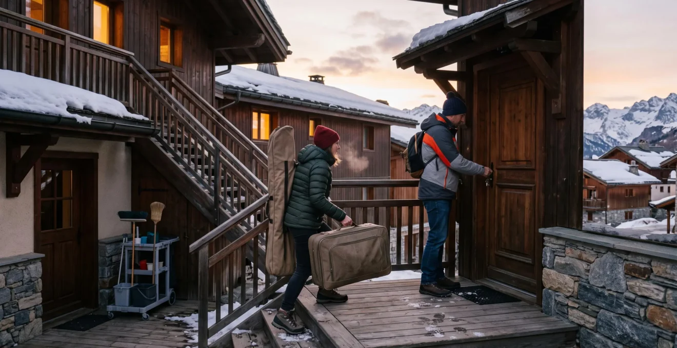 Un couple monte ses bagages le long d'un chalet de montagne enneigé à l'heure dorée, en ouvrant la porte avec une clé.