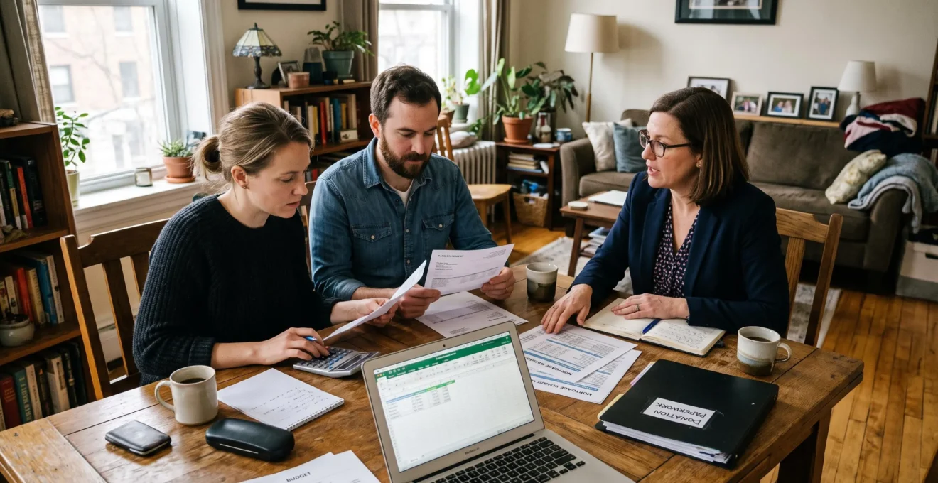 Un couple et un conseiller bancaire examinent des documents de financement autour d'une table avec une calculatrice et un ordinateur portable.