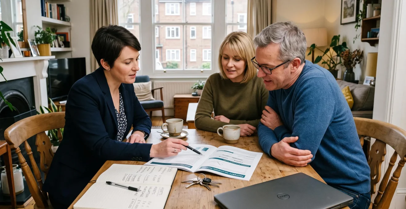 Un couple examine avec un conseiller un rapport d'estimation immobilière posé sur une table, des clés et un carnet de notes à côté, devant une fenêtre donnant sur un immeuble résidentiel.