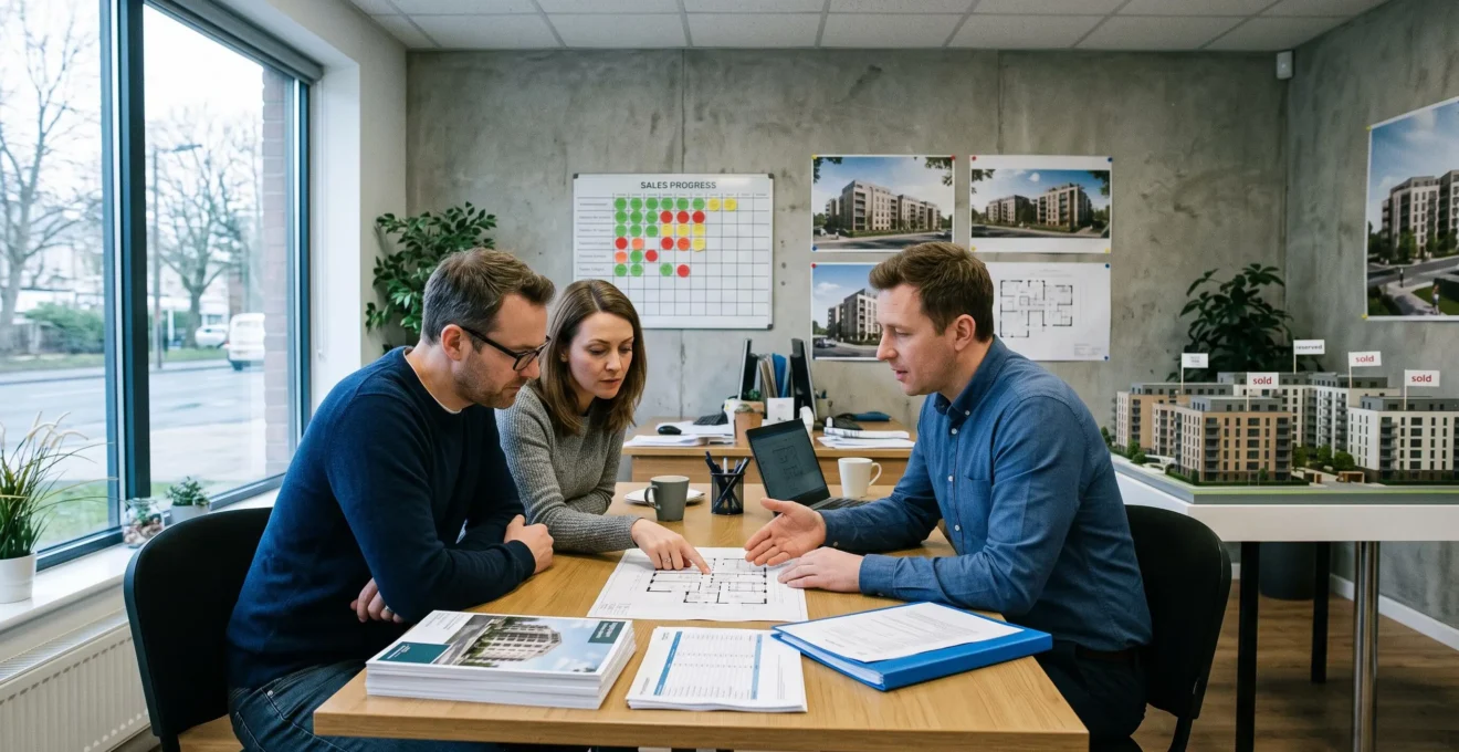 Un couple examine un plan et des documents contractuels avec un vendeur dans un bureau de vente d'un programme immobilier.