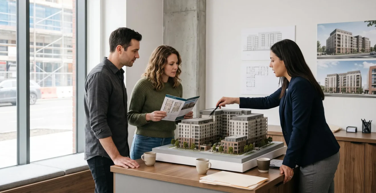 Un couple examine une maquette de programme immobilier neuf avec un conseiller commercial dans un bureau de vente