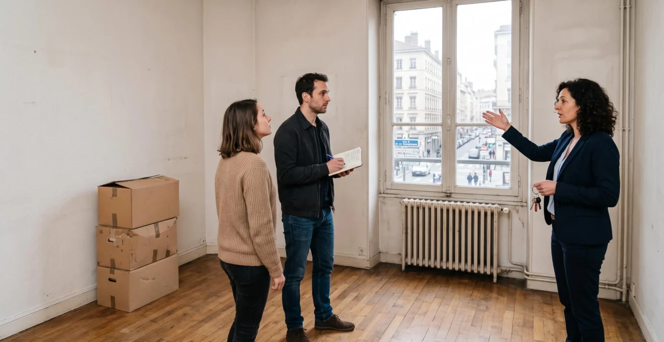 Un couple et un agent immobilier visitent un appartement vide et évaluent la pièce pendant une recherche de logement.
