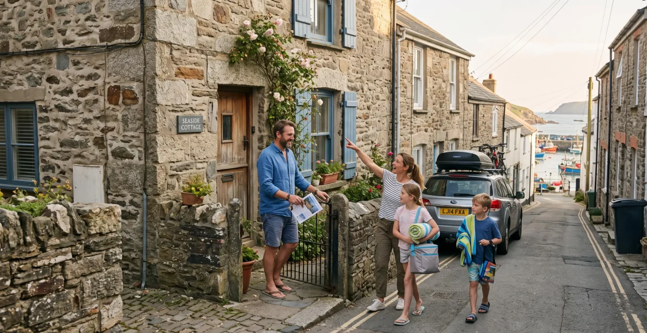 Une famille arrive devant une maison de vacances en bord de mer, l'un des parents tenant les clés et une annonce immobilière imprimée.