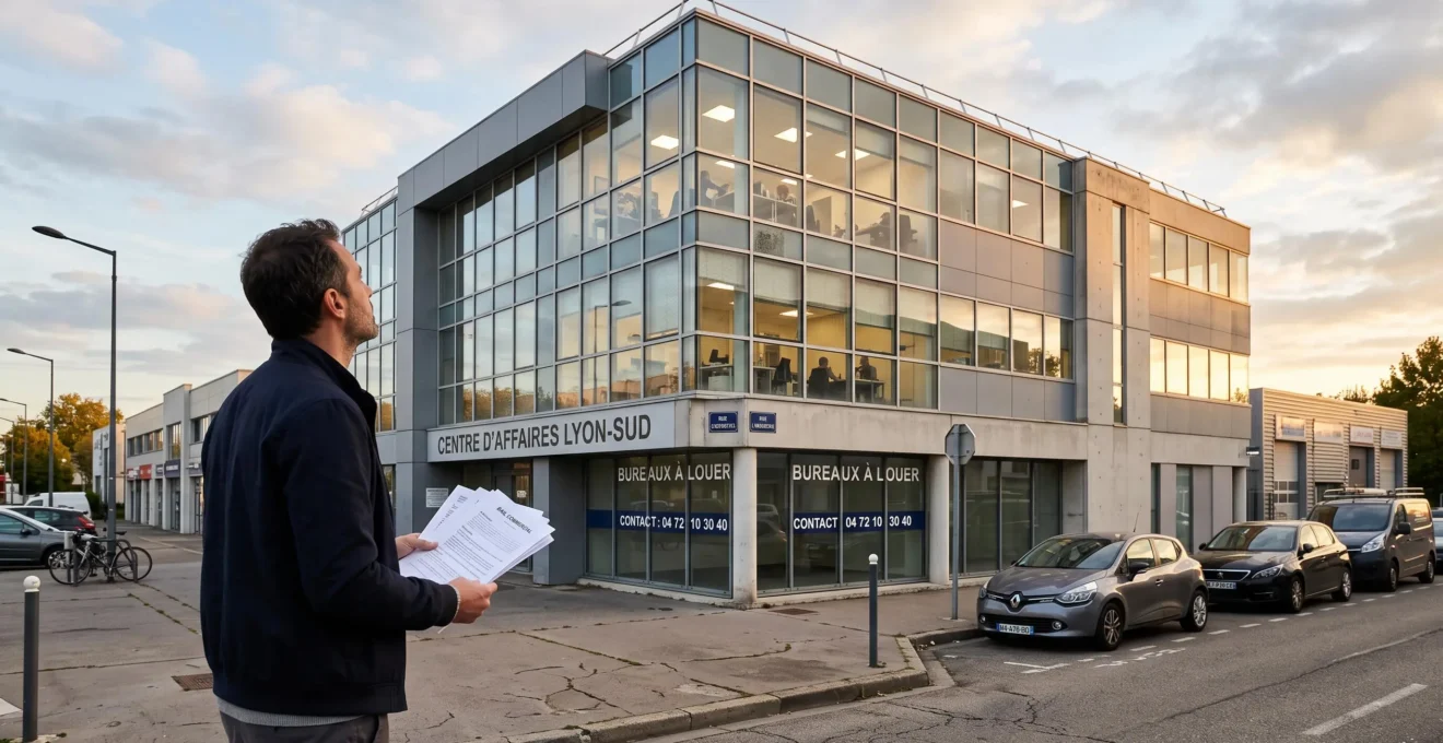 Un investisseur examine un immeuble de bureaux avec des documents de bail à la main depuis le trottoir.
