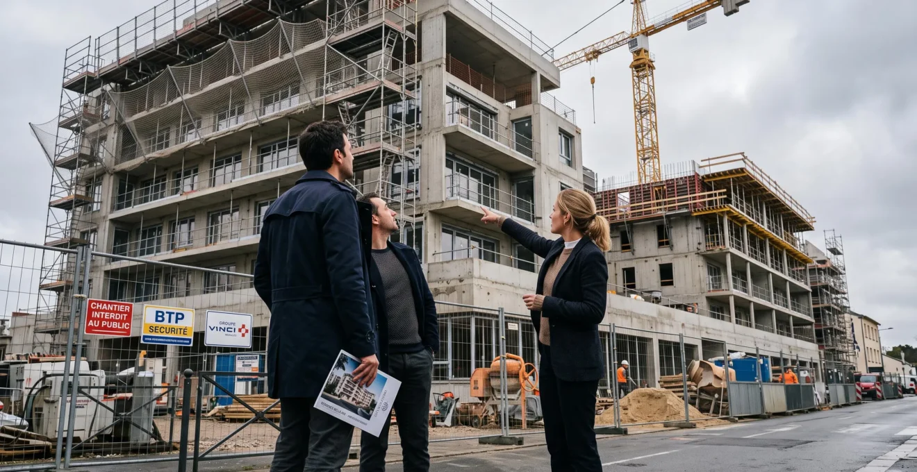 Un investisseur observe un immeuble résidentiel en construction accompagné d'un représentant qui lui montre le bâtiment depuis le bord du chantier.