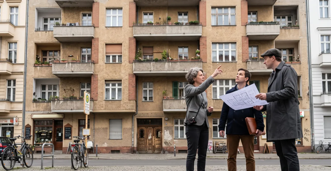 Deux investisseurs et un architecte examinent la façade d'un immeuble de rapport depuis le trottoir, plans et dossier en main.