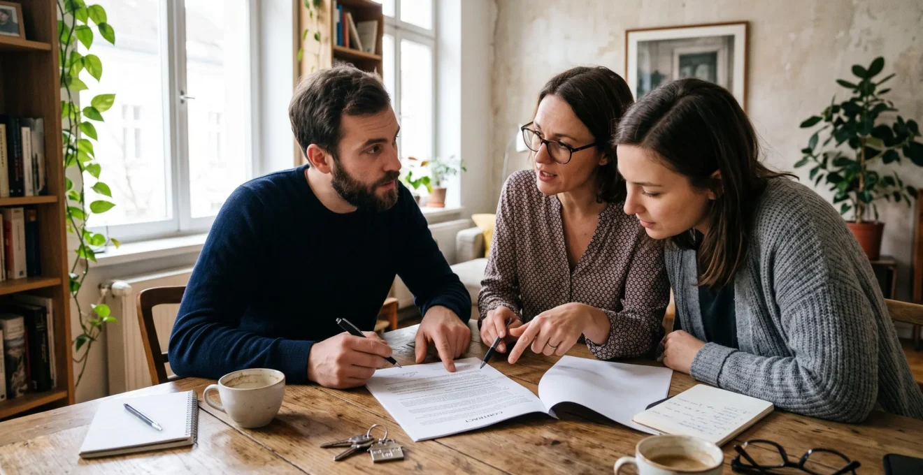 Un couple relit un avant-contrat de vente immobilière avec un agent autour d'une table, l'acheteur pointant une clause avant de signer