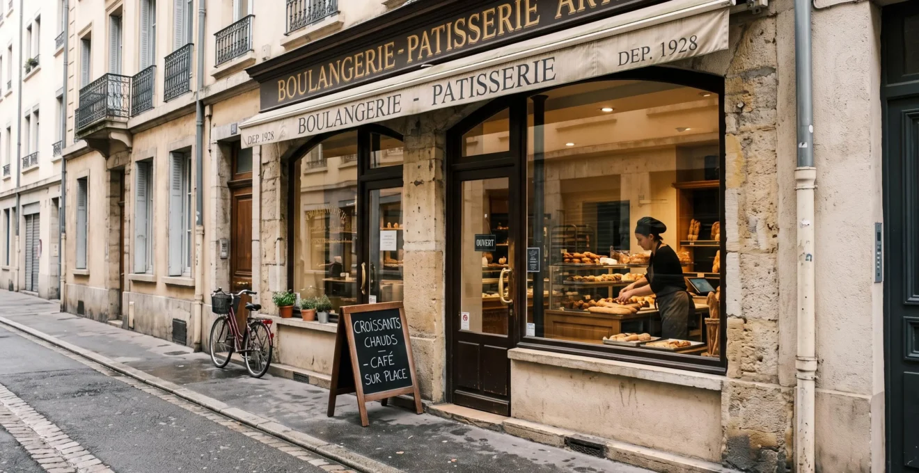 Devanture d'un local commercial occupé par un commerçant en activité, visible derrière la vitrine d'une rue calme.