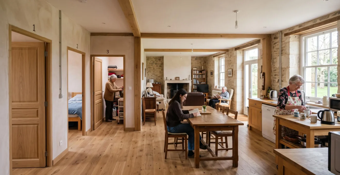 Intérieur d'une maison de 150 m² aménagée en habitat partagé avec chambres privatives et grande cuisine commune où résident des occupants d'âges différents.