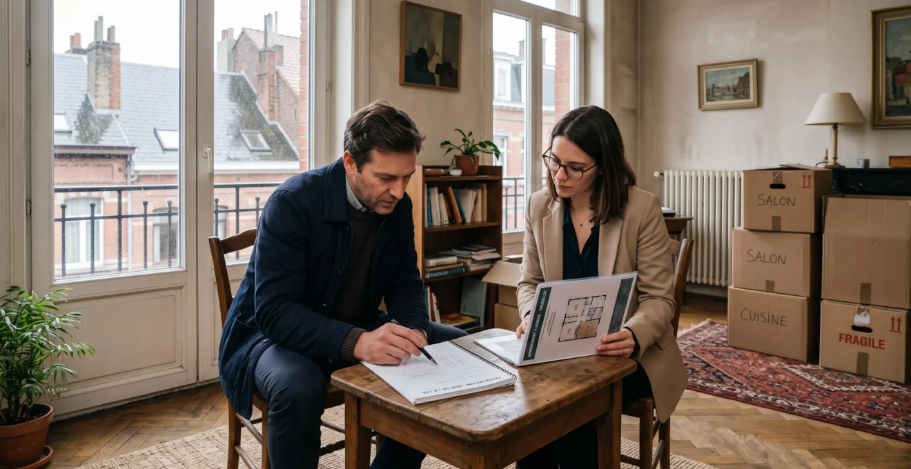 Un acheteur et un agent immobilier discutent autour d'un notepad avec des chiffres manuscrits, dans le salon d'un appartement en vente.